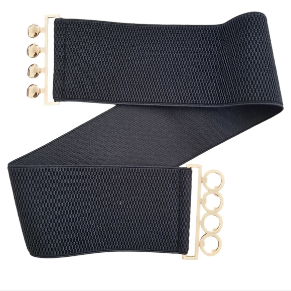 Ladies Black Extra wide waist Stretch corset elastic Belt Gold dots buckle belt - Picture 10 of 10